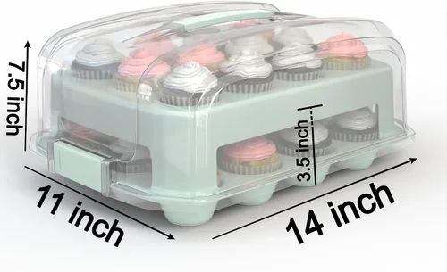 Vista 3 de Transportador de Cupcakes, TAPA EXTRA ALTA, Soporte Verde para Cupcakes que Transporta 24 Cupcakes de Tamaño Estándar, Transportador de Magdalenas