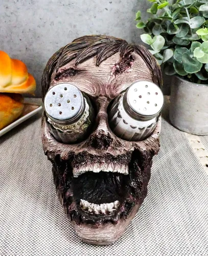 Vista 9 de Ebros Walking Undead Gory - Juego de figuras de cabeza de zombi sin ojos y salero y pimentero con pompones de cristal, estatua decorativa de miedo