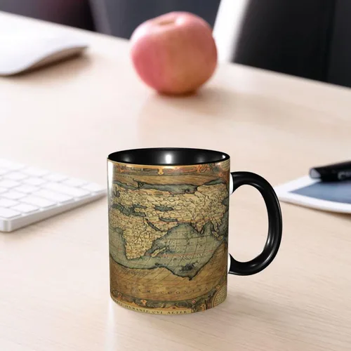 Vista 8 de Taza de café, tazas de porcelana con mapa del mundo, antiguo gráfico antiguo vintage del siglo XVI, 11 onzas, para bebidas calientes y todos