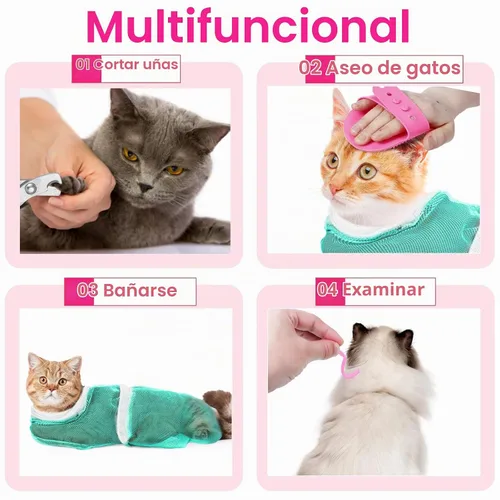 Vista 4 de Bolsa de baño para gatos, 10 piezas, kit de aseo para ducha de gato, verde y rosa