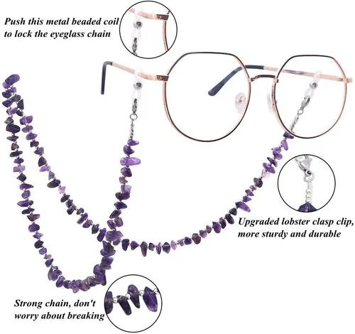 Vista 2 de Correa de cadena para gafas, cadena de gafas de sol, cadena de moda con cuentas para máscara de máscara para mujer Púrpura