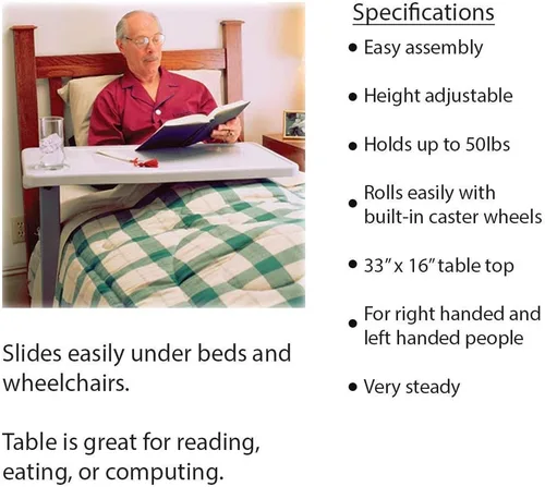 Vista 5 de Carex, mesa auxiliar para cama, mesa rodante con altura ajustable, plana, para comer, trabajar, leer o usar la computadora