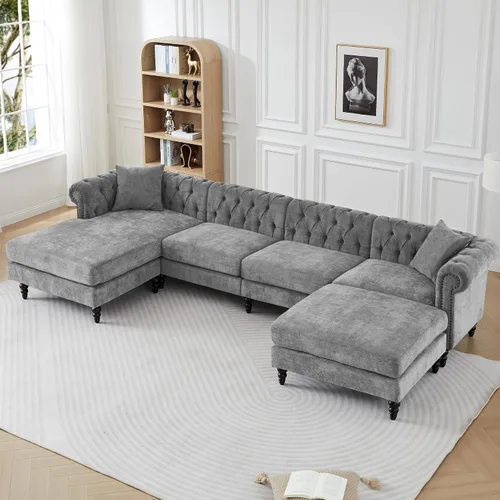 Vista 9 de ORRD Sofá Chesterfield en Forma de U, Sofá Seccional de Lino de Gran Tamaño, Sofá Chaise Otomano Tapizado con Acentos Capitoné con Reposabrazos