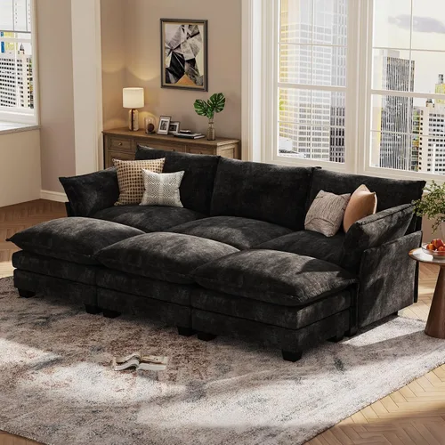 Vista 8 de KKL Sofá Cama Seccional Modular Grande de 91.3", Sofá Cama Convertible en Forma de J/L de 6 Plazas Sofá Nube con Otomana, Sofás Seccionales