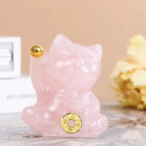 Vista 2 de Figura de gato de la suerte de cristal amarillo tallada a mano Maneki Neko Dinero Gatos Estatua Feng Shui Decoración para el hogar Oficina Atrae