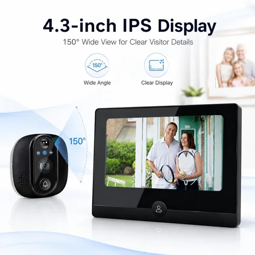 Vista 2 de Timbre de video inteligente, timbre visual inteligente de 1080P con pantalla de 4.3 pulgadas, audio de 2 vías, detección de movimiento PIR, visión