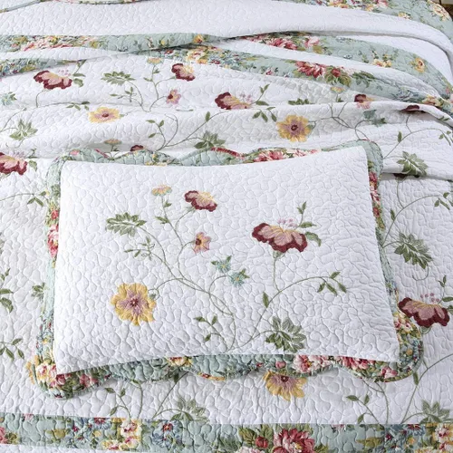 Vista 5 de vctops Juego de edredón bordado de algodón floral de 3 piezas, elegante, reversible, ligero, suave, con 2 fundas de almohada