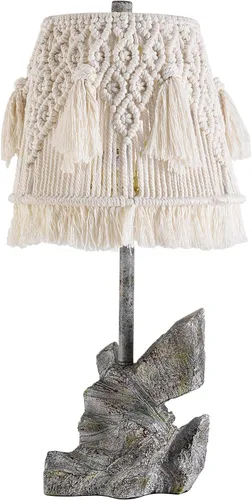 Vista 4 de Lámpara de escritorio retro de 24 pulgadas de alto con pantalla de macramé de cuerda de algodón bohemia y base de resina hecha a mano, lámpara