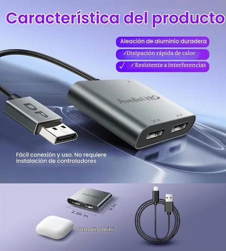 Vista 6 de [Usado] Adaptador divisor Displayport a Dual Displayport 4K @60Hz, adaptador divisor DP 1.4 1 en 2 salidas SST/MST pantalla extendida compatible
