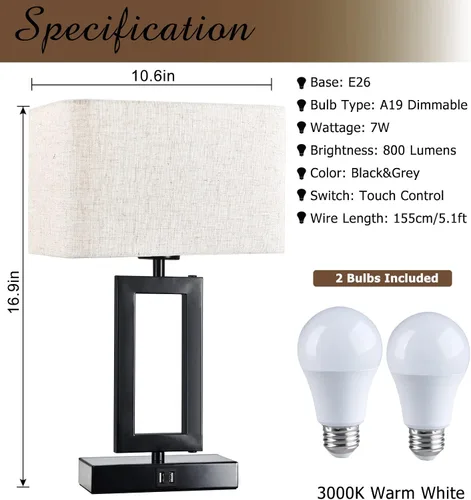 Vista 2 de Juego de 2 lámparas de mesa con control táctil con USB doble, regulable de 3 vías para dormitorio, sala de estar, oficina, bombillas LED incluidas