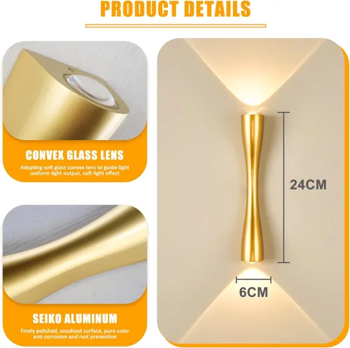 Vista 6 de Aomesinc Moderno aplique de pared dorado arriba y abajo, lámpara LED de interior para dormitorio, sala de estar, baño, mesita de noche, pasillo