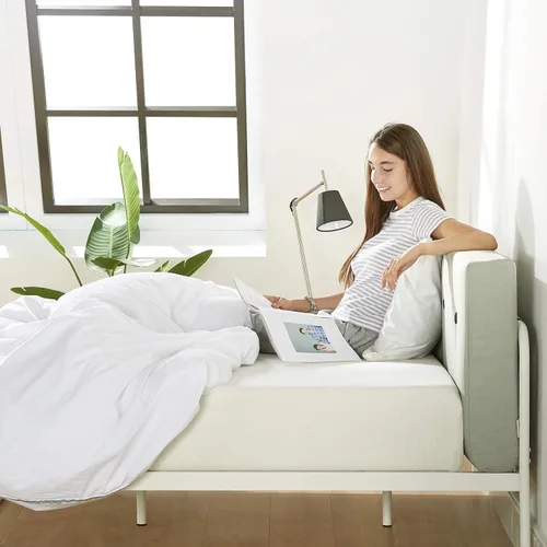 Vista 11 de Mellow BREE - Cama de plataforma de metal con cabecera curvada y tapizada, listones de acero, fácil montaje, gris cielo, tamaño matrimonial
