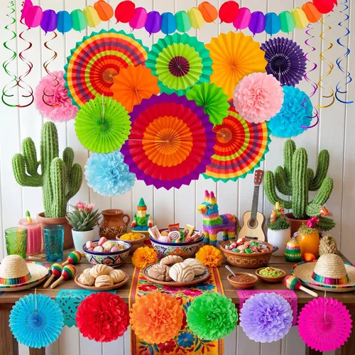 Vista 2 de Juego de 35 piezas de decoración para fiesta con abanicos de papel - Pom Poms del Cinco de Mayo, banderines, guirnaldas, pancartas, remolinos