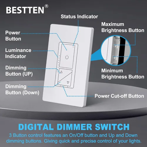 Vista 5 de BESTTEN - Interruptor de atenuación LED digital delgado con interruptor de corte de energía de espacio de aire ETL Listed, 3 Button Control