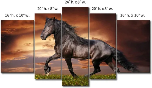 Vista 7 de Arte de pared de 5 paneles negro Friesian Running Horse Trot en el campo al atardecer, hierba y flores, cuadros impresos en lienzo, animales