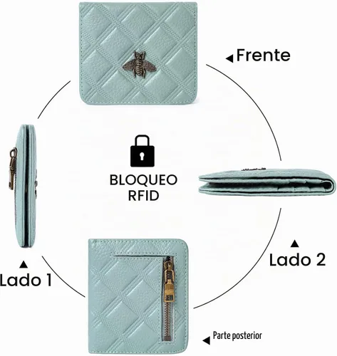 Vista 5 de Billetera para mujer, con bloqueo RFID, pequeña, compacta, plegable, de piel auténtica, con bolsillo, mini carteras para mujeres