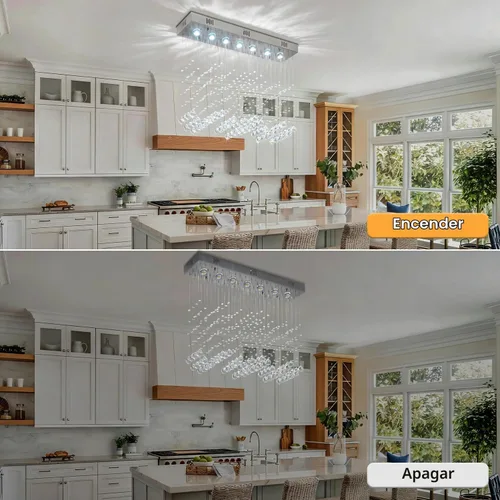 Vista 8 de Candelabro de cristal moderno de 7 luces rectangular de lujo con ondas, lámpara de techo empotrada colgante con gotas de lluvia cromada para isla