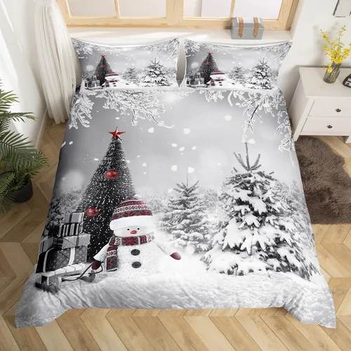 Vista 36 de Juego de ropa de cama de Feliz Navidad, funda de edredón azul con árbol de Navidad para niñas y niños, elegante funda de edredón de copo de nieve