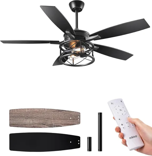 Vista 9 de EDISHINE - Ventilador de techo de granja negro de 42 pulgadas con luces, control remoto, regulable, 6 velocidades, 5 aspas de madera, motor
