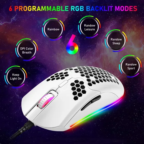 Vista 5 de ZIYOU LANG Ratón ligero para juegos con cable, 6 retroiluminación RGB con 7 botones programables, sensor óptico ajustable de 6400 DPI, compatible