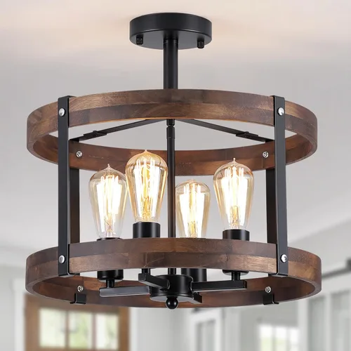 Vista 10 de 4-Luz Rústica Lámpara de Techo de Granja de Madera con Montura Empotrada 14.17 Pulgadas de Madera de Roble y Metal con Jaula de Nubes Semi Empotrada