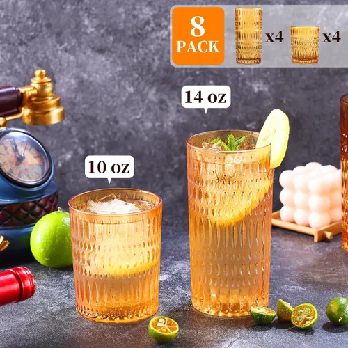 Vista 2 de Loivttvv Glassware - Juego de 8 vasos altos de 14 onzas y vasos de vidrio acanalado de 10 onzas, cristalería vintage para agua, jugo, cóctel