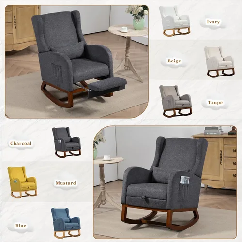 Vista 7 de Mecedora moderna para guardería, cómoda silla mecedora con reposapiés, sillón de lectura acentuado con almohada y bolsillo, mecedora tapizada
