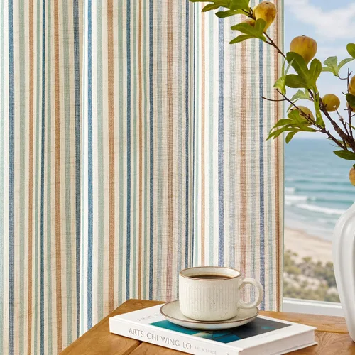 Vista 19 de Cortinas de cocina estilo granja a rayas Vangao de 24 pulgadas de largo, cortinas de lino para café, cortinas de nivel con rayas, cortinas Boxter