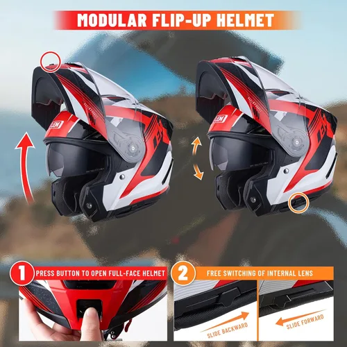 Vista 3 de LEM Cascos modulares de motocicleta de fibra de vidrio, casco de motocicleta de cara completa abatible para excursiones, certificado por DOT, visera