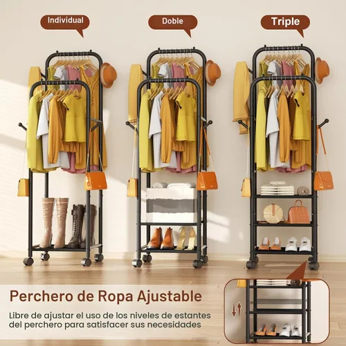 Vista 9 de Furologee - Percheros enrollables para colgar ropa, con dobles varillas, con ruedas, perchereros resistentes, perchero metálico portátil
