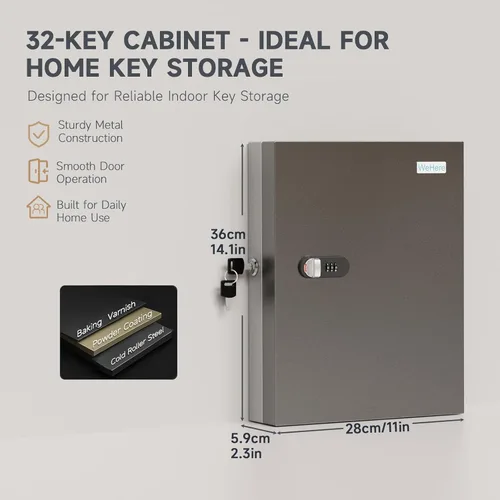 Vista 2 de Caja de 32 llaves con cerradura para llaves – Armario de llaves montado en la pared con doble cerradura (combinación de llave y 3 dígitos), estantes