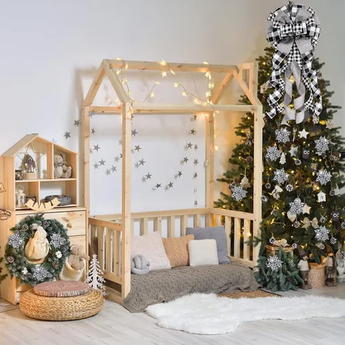 Vista 6 de Syhood Decoración de árbol de Navidad de búfalo blanco y negro de 34 pulgadas, decoración de lazo grande para decoración de Navidad y flores