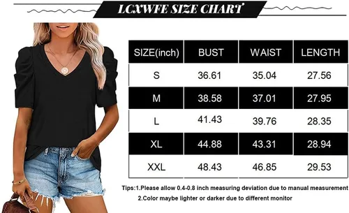 Vista 5 de Camiseta casual de verano con cuello en V para mujer, manga abombada, fruncida, elegante
