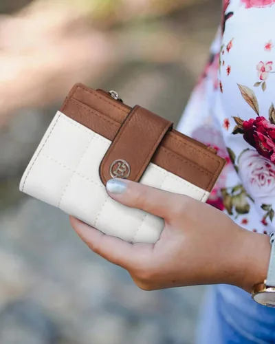 Vista 6 de BOSTANTEN - Cartera pequeña para mujer de cuero con bloqueo RFID, tarjetero plegable compacto con cremallera y bolsillo para monedas, Pequeña Beige