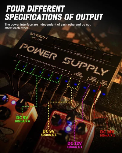 Vista 5 de STRICH SPS-20 Fuente de alimentación para guitarra con 10 salidas DC independientes para pedal de efecto de 9 V/12 V/18 V