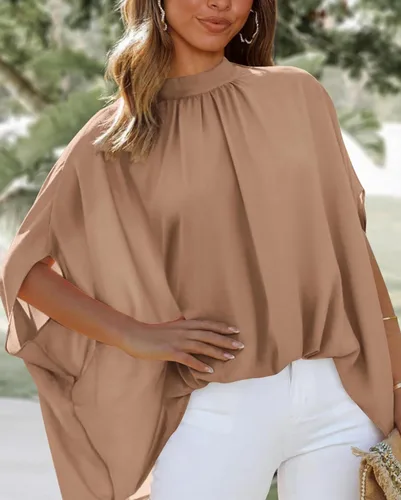 Vista 145 de BTFBM Blusas de verano para mujer, cuello alto falso, manga murciélago, holgadas, dobladillo alto y bajo, blusas informales de gran