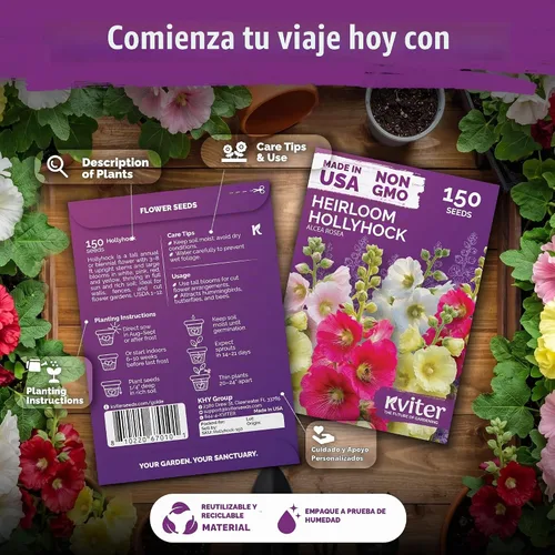 Vista 2 de 150 semillas de flores tradicionales de Hollyhock para plantar, Alcea Rosea