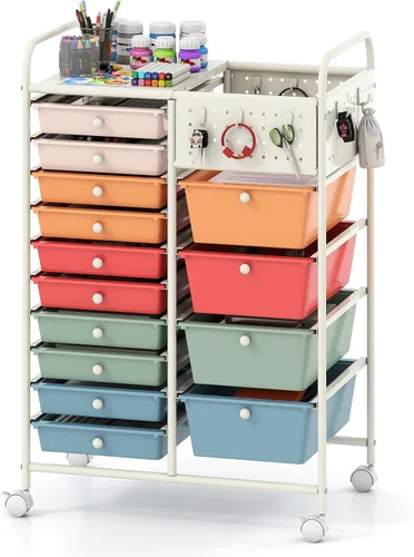 Vista 18 de Giantex Carrito de almacenamiento rodante con 10 cajones, carrito utilitario con tablero, organizador de cajones con ruedas para manualidades, arte