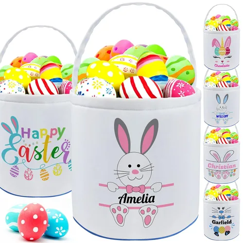 Vista 18 de Cesta de Pascua personalizada con nombre para niñas, niños y niños, cesta de Pascua personalizada bolsas de regalo para caza de huevos de Pascua