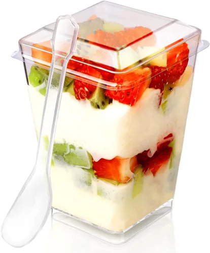 Vista 9 de Paquete de 100 Vasos de Postre de Plástico de 5 oz con Tapas y Cucharas, Vasos de Parfait de Yogur y Aperitivos para Fiestas, Mini Vasos de Postre