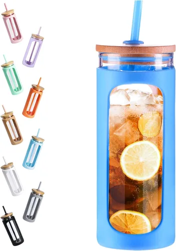 Vista 23 de Kodrine Vaso para agua de vidrio de 20 onzas con popote y tapa, botella de agua con tapas de bambú, taza para café helado, reutilizable, boca ancha