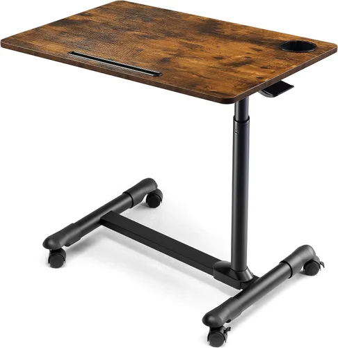 Vista 9 de ETHU Mesa de cama con elevador hidráulico, mesa de cama ajustable de altura de 27.1 a 34.2 pulgadas con ruedas bloqueables, mesa de grano de madera