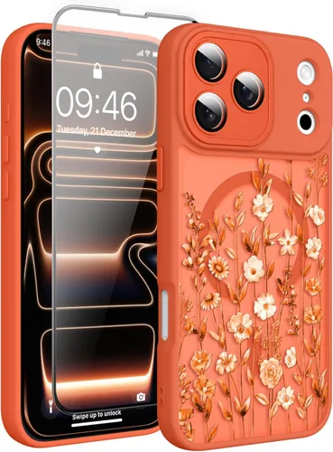 Vista 18 de Magnético para iPhone 13 con protector de pantalla [Compatible con MagSafe] Diseño de patrón floral de flores bonitas, funda delgada a prueba