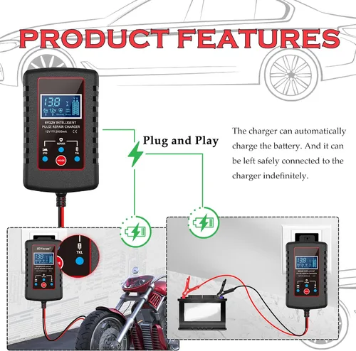 Vista 6 de Cargador de goteo para batería de coche de 12 V/6 V, cargador de batería automático inteligente para motocicleta con cable SAE, mantenedor