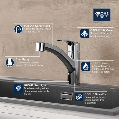 Vista 3 de GROHE 30306DC1 - Grifo de cocina Eurosmart de doble caño con rociador extraíble, 6.63 LPM, Supersteel (acero inoxidable)