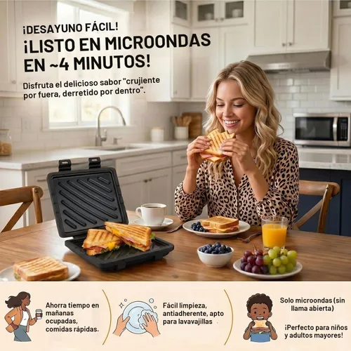 Vista 2 de Sandwichera para microondas, tostadora de microondas con correa de silicona ajustable, extraíble antiadherente para microondas a la parrilla