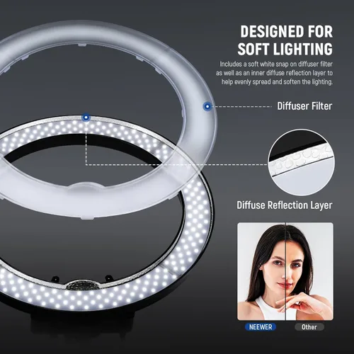 Vista 4 de NEEWER Luz de anillo de 18 pulgadas con soporte de trípode, luz de anillo LED grande de 55W, soporte para teléfono con zapata fría compatible