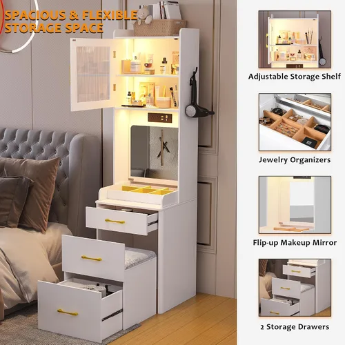 Vista 5 de Escritorio de tocador con estación de carga y taburete oculto, mesa de tocador de maquillaje con espejo abatible y luces, tocador con sensor