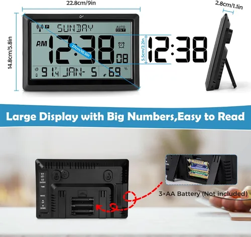 Vista 7 de Amgico Reloj de pared digital, reloj atómico de pantalla grande de 10.5", funciona con pilas, ajuste automático de calendario digital