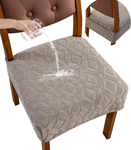 Vista 18 de Genina Juego de 2 fundas impermeables para sillas de comedor, fundas elásticas de jacquard extraíbles y lavables, sin fundas traseras, color beige